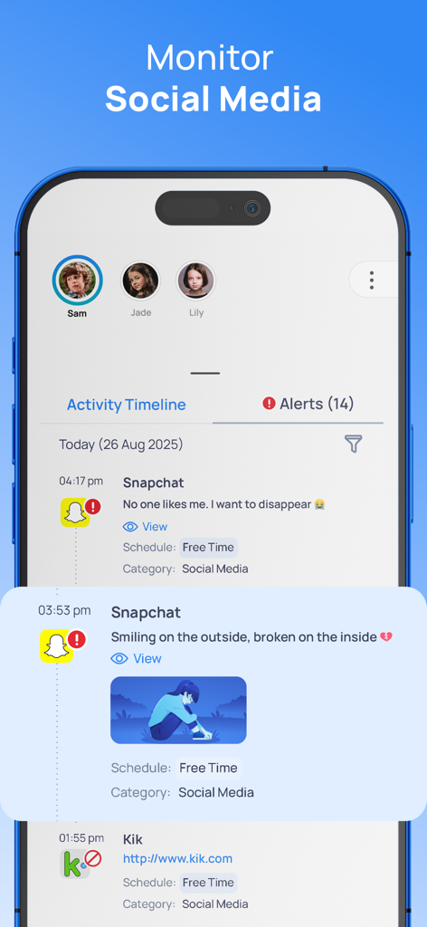 Panel de la aplicación Mobicip que muestra alertas de monitoreo de redes sociales para mensajes potencialmente dañinos en Snapchat y Kik