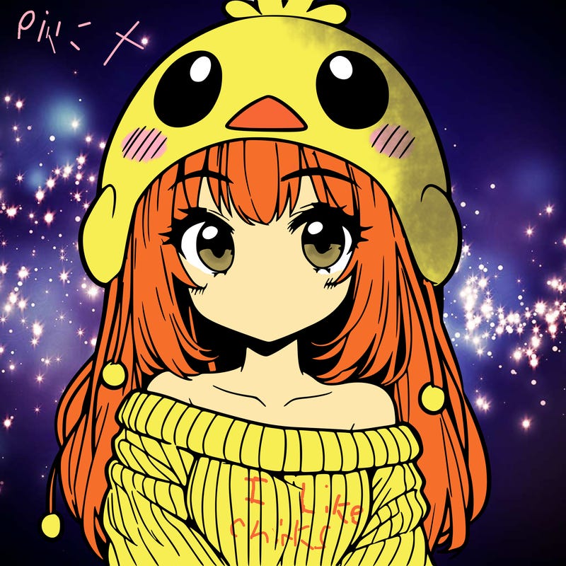 anime girl with chick shaped hat with sweater with bare shoulders with bangs covering them one eye with low tail