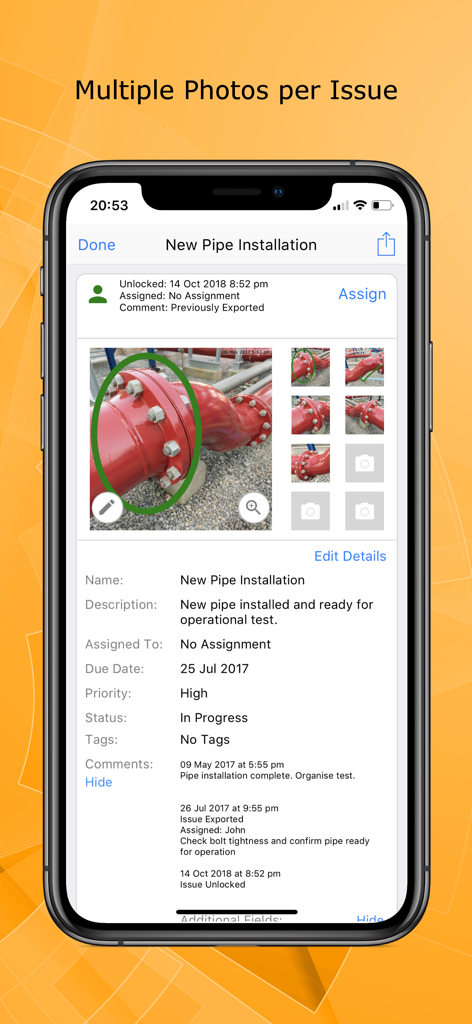 Mobile app interface of Site Report Pro showing multiple photos and detailed inspection notes for a pipe installation issue