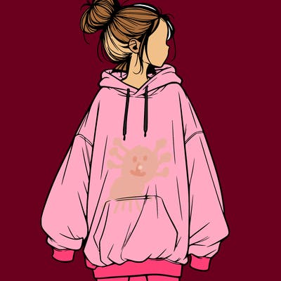 realistic girl with a oversized sweatshirt on and a bun