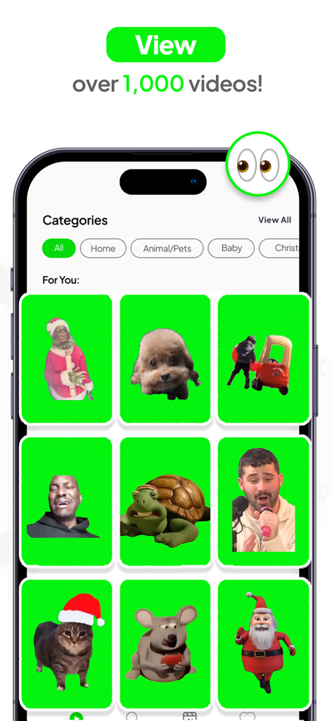 Green Screen Things - Green Screen Things app interface featuring a grid of trending meme and character video clips with green screen backgrounds