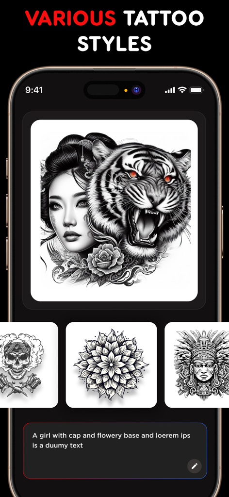 Interface de um aplicativo móvel exibindo vários estilos de tatuagem gerados por IA e um campo de entrada de prompt.