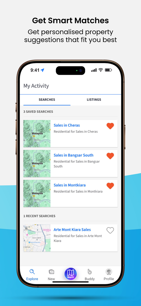 EdgeProp Malaysia - A mobile screen showing the EdgeProp Malaysia My Activity section with saved property searches in Cheras, Bangsar South, and Mont Kiara.