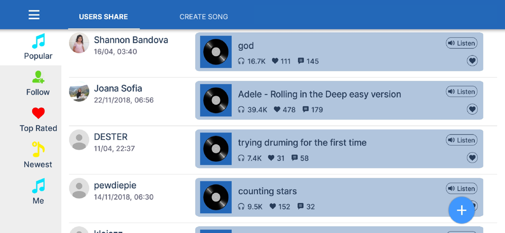 Drum Live - Community feed in the Drum Live app showing a list of songs shared by users with listen counts and social interactions