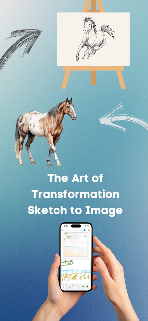 Shake Brush & AI Painting - Un boceto de caballo en un caballete transformándose en una ilustración digital realista con la interfaz de la aplicación mostrada en un smartphone.