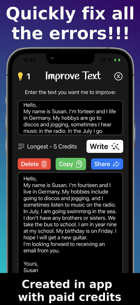 A screenshot of the Write For Me AI app showing the Improve Text feature correcting grammar and spelling errors in a paragraph.