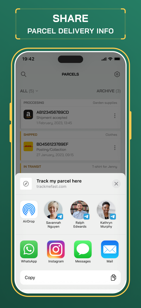 Track Me Fast Package Tracker - iPhone screen showing the share parcel delivery info feature with various social and messaging app options