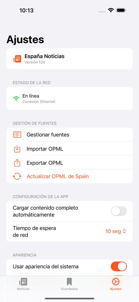 Écran des paramètres de l'application Spain News affichant les options de gestion des sources et d'import/export OPML