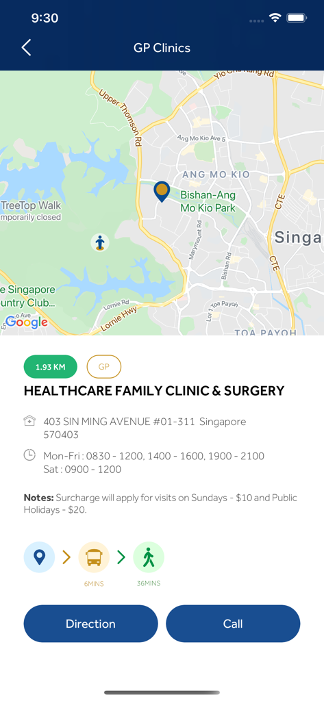 FHN3 - Screenshot of the FHN3 mobile app displaying a map with a clinic's location, address, operating hours, and navigation options.