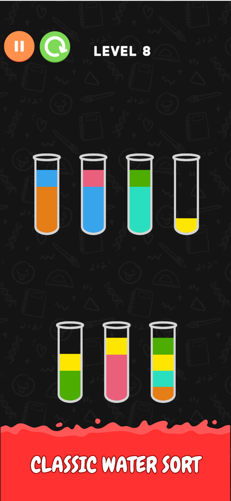 Bottle Sort: color magic sort - Interfaz del juego móvil Bottle Sort que muestra líquidos de colores en tubos de vidrio para un rompecabezas de clasificación