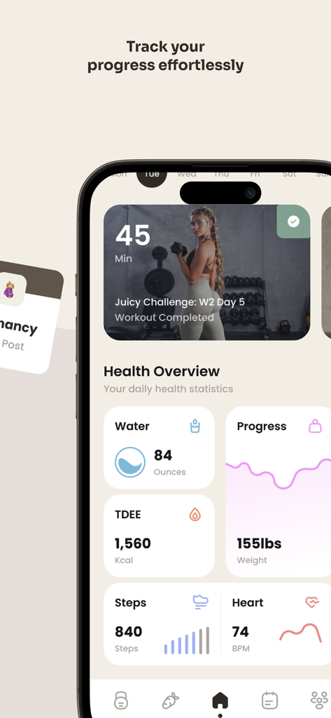 Grounds: Fitness App For Women - Grounds fitness app health overview dashboard showing daily statistics like water intake, steps, and heart rate