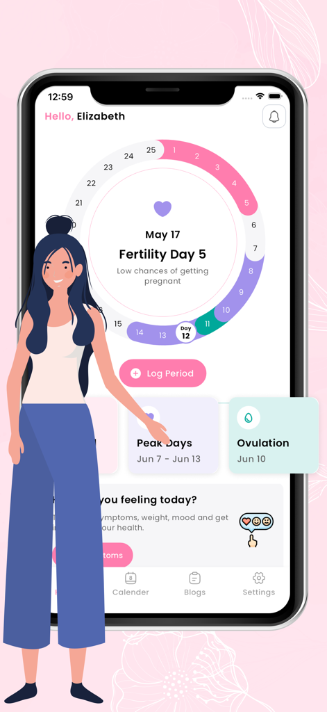 Period Menstral Cycle Tracker - Interfaz de aplicación móvil para rastrear ciclos menstruales y ventanas de fertilidad