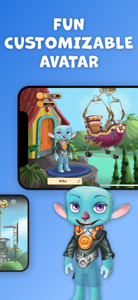 Uma captura de tela do jogo de matemática Matific mostrando um divertido personagem avatar azul personalizável em um ambiente de ilha de aventura mágica.