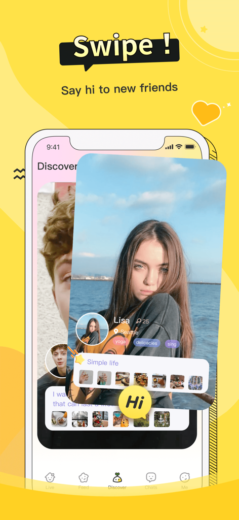 A screenshot of the Lemo app showing the swipe interface to discover and say hi to new friends.