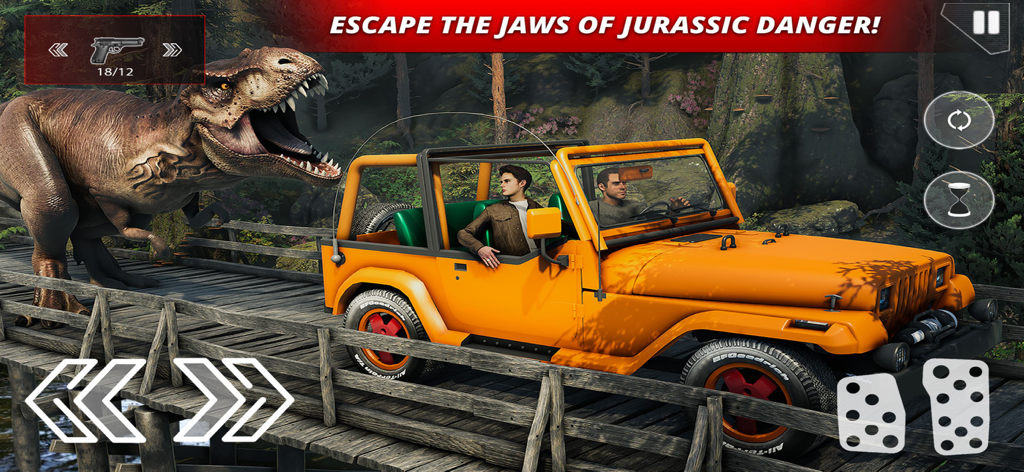 Dinosaur Hunting Jurassic Zone - T-Rex chasing an orange jeep on a wooden bridge in a forest