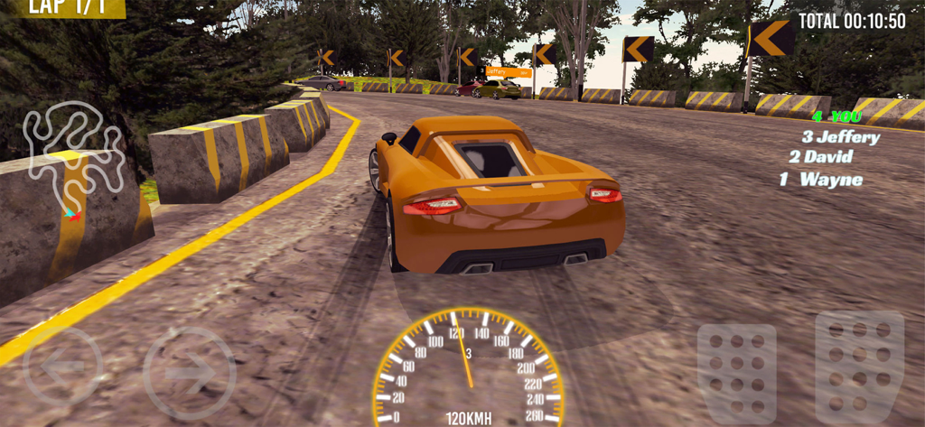 Mountain Race - Real Racing - An orange sports car racing on a winding mountain road with on-screen controls and speedometer