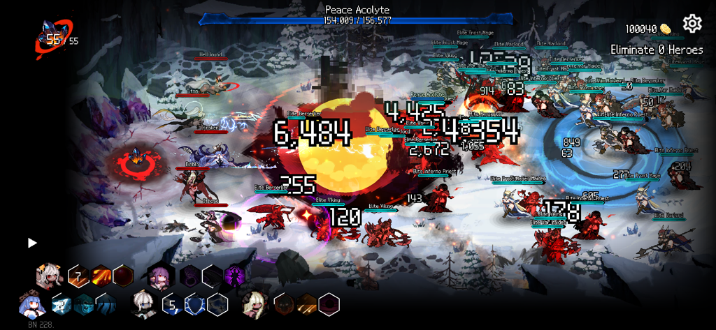 DungeonSquad - A chaotic pixel art battle scene in DungeonSquad featuring monster girls fighting the Army of Light with visible damage numbers