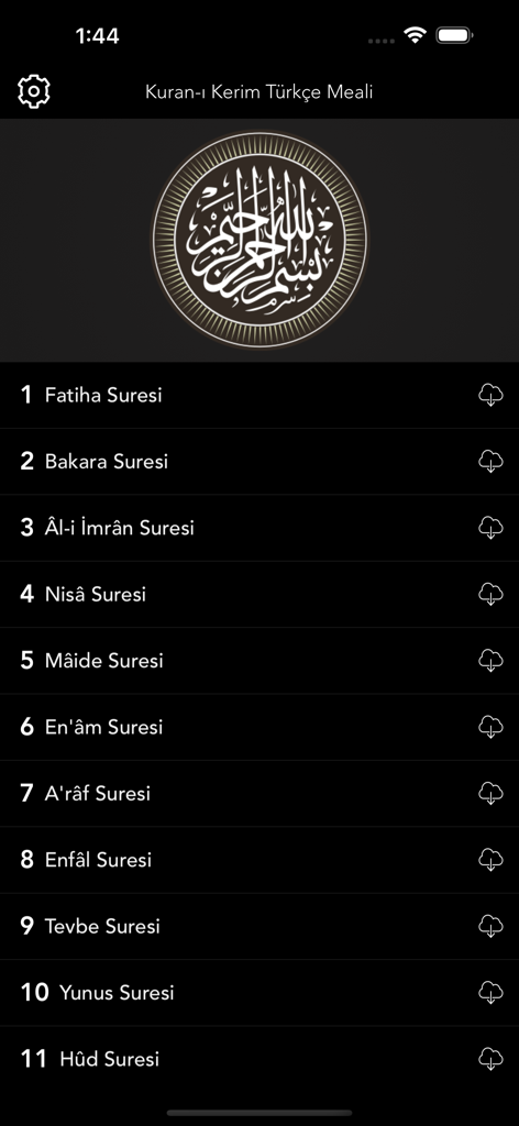 A list of Quran chapters in Turkish with options to download audio for offline listening