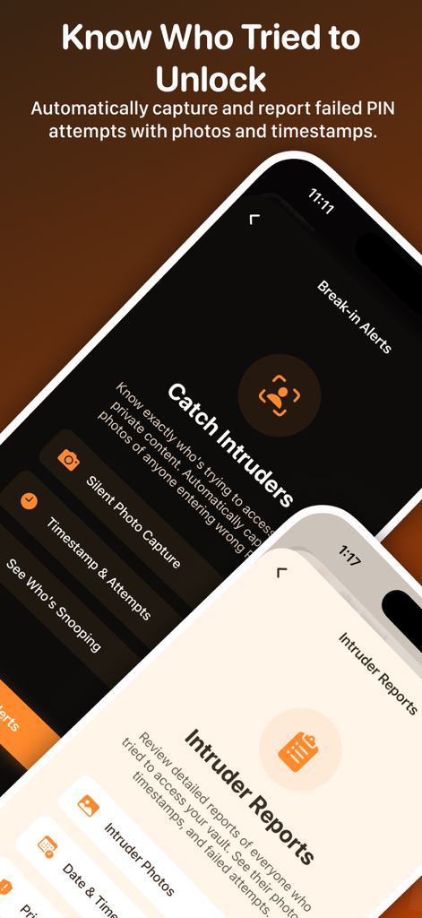 Private Photo Vault: iLockBox - iLockBox app interface showing intruder selfie capture and break in reporting features