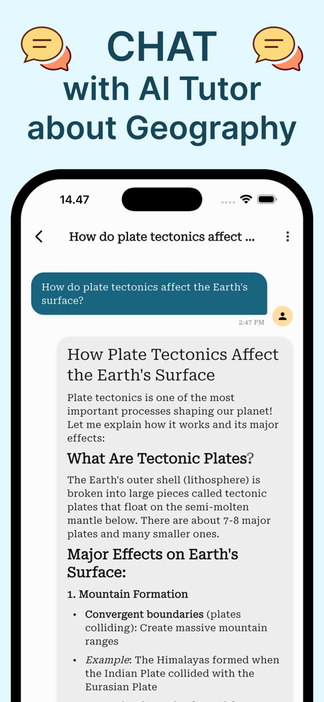 Geography AI Homework Helper app showing a chat conversation with an AI tutor about plate tectonics