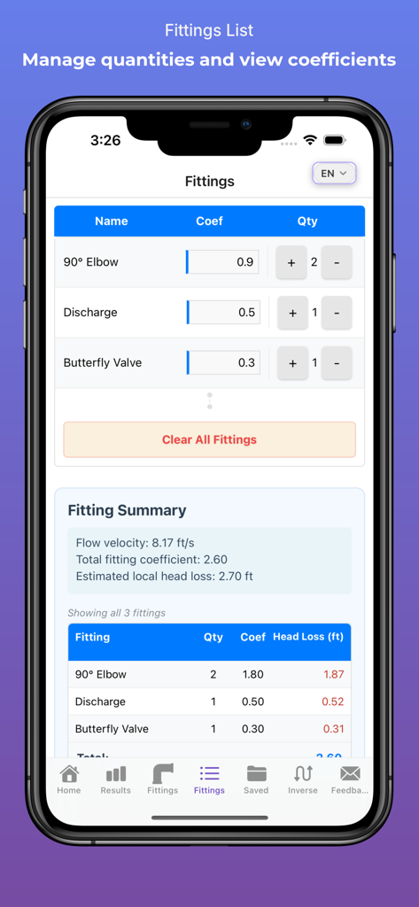 HydroCalc Plus - HydroCalc Plus app interface showing the pipe fittings list and minor head loss summary table