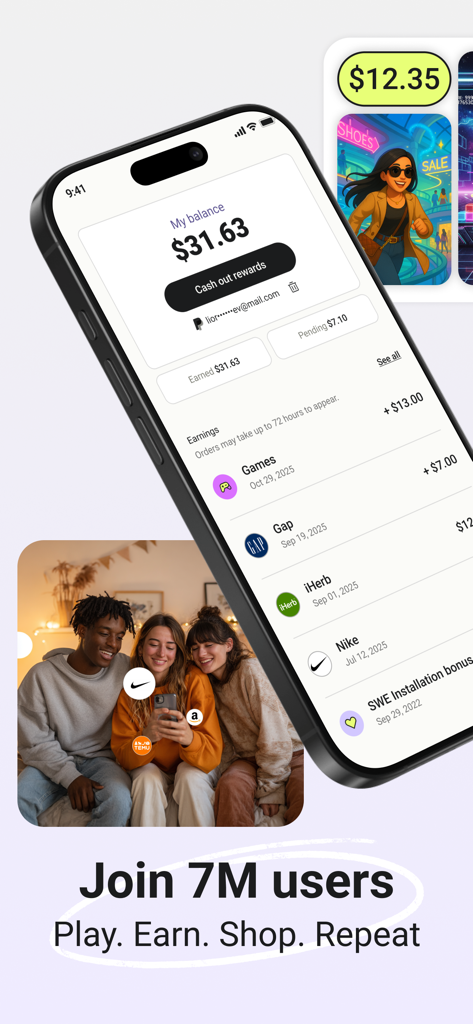 Karma mobile app interface displaying user rewards balance and earnings history from gaming and shopping