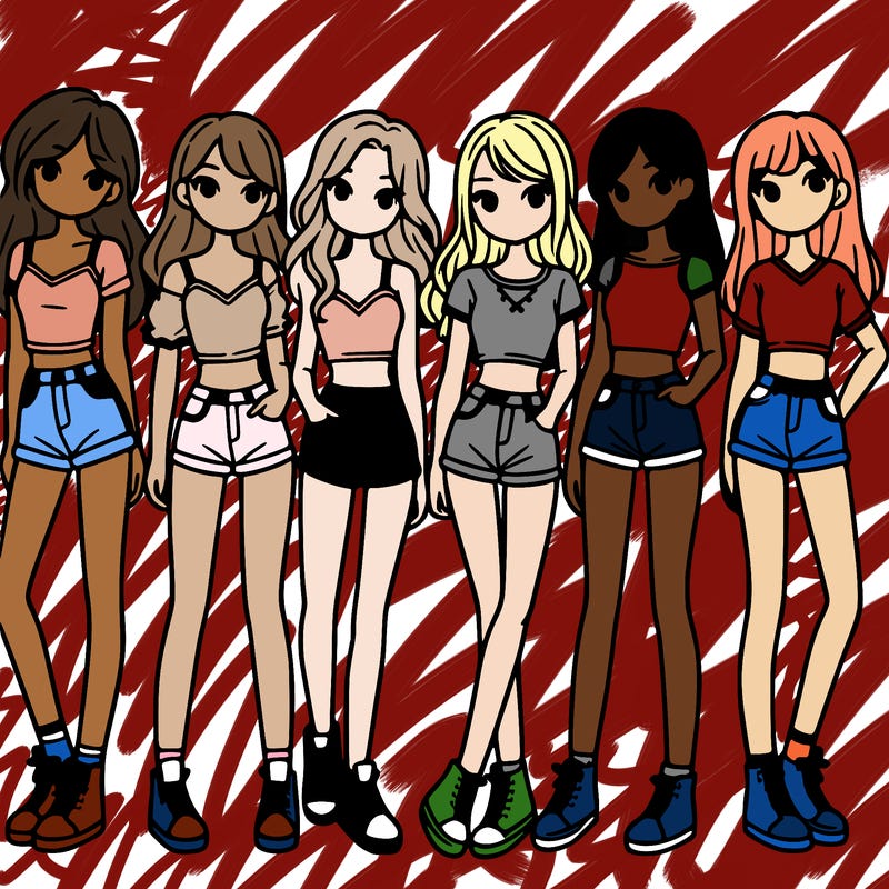 a group of girls wearing crop tops and shorts