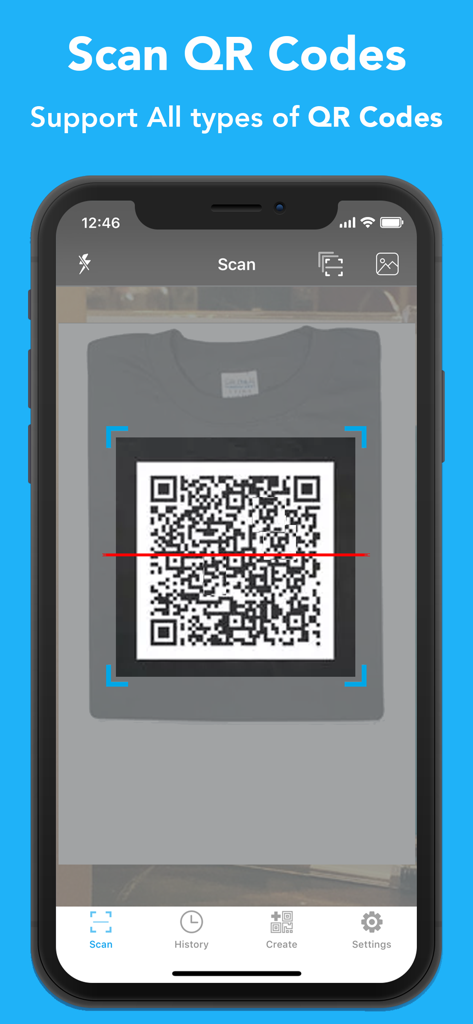 iPhone screen of the QR Code Reader and Scanner app scanning a QR code on a garment