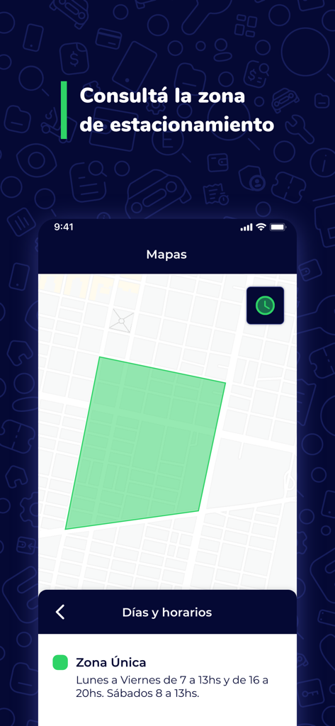 SEM Encarnación - Mobile app screen showing a map with highlighted parking zones and a schedule of operating hours