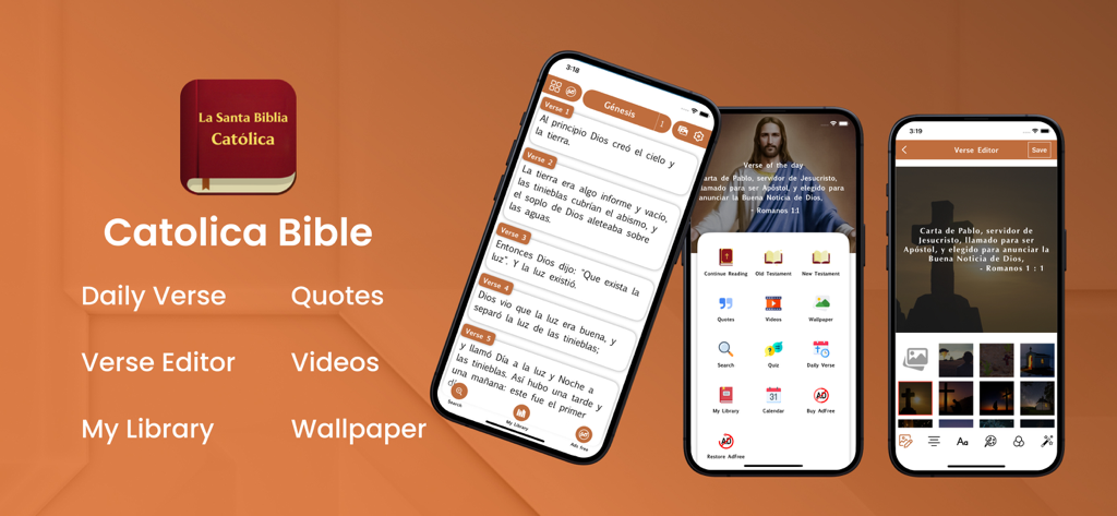 La Santa Biblia Católica. - Interface of the La Santa Biblia Catolica app featuring daily verses and a verse editor