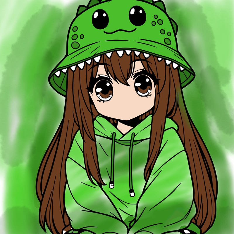 girl with anime shaped eyes with a dinosaur bucket hat oversized sweatshirt long straight hair