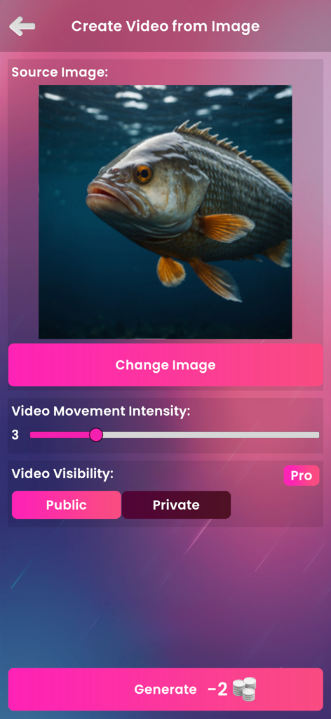 Mobile app interface of Pablo AI showing settings for converting a source image of a fish into a video with adjustable movement intensity