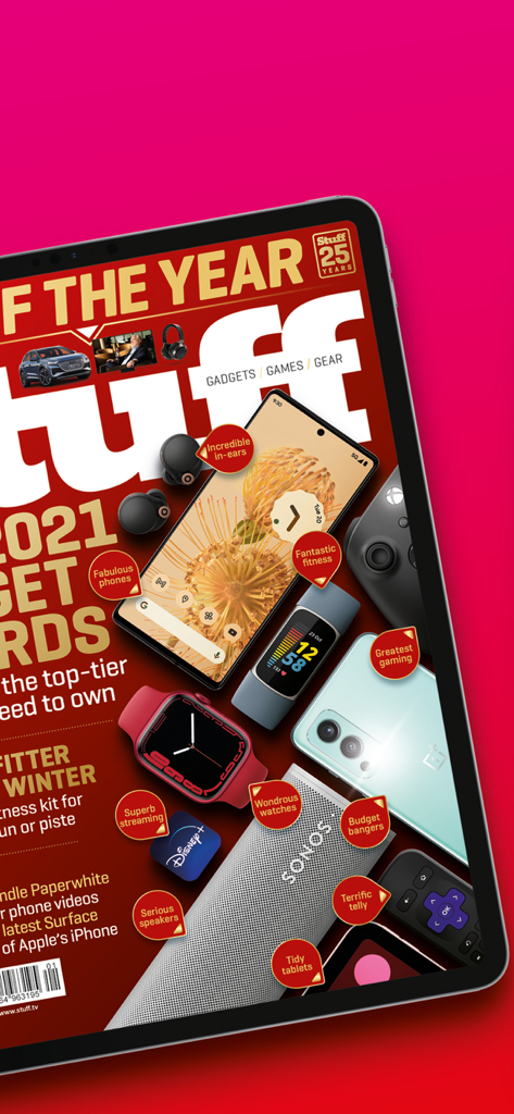 Stuff Magazine digital cover on an iPad displaying the Gadget of the Year awards including smartphones and smartwatches
