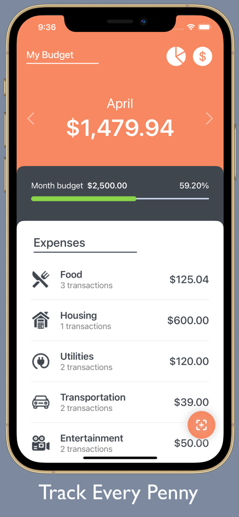 Un cruscotto di un'app mobile che mostra una panoramica del budget mensile con una barra di avanzamento e spese categorizzate come cibo e alloggio.