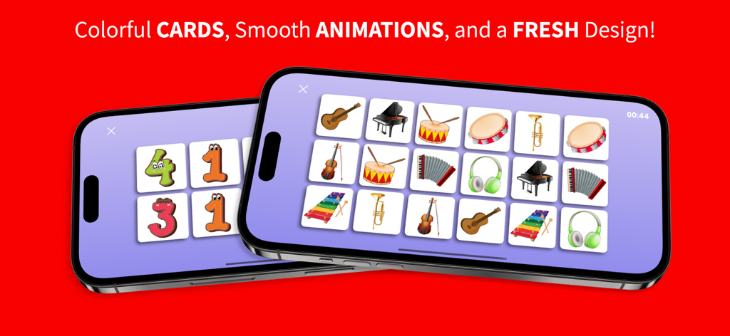 Memory Mingle - Dois iPhones exibindo o aplicativo Memory Mingle com cartas de memória coloridas apresentando números e instrumentos musicais em um fundo vermelho.