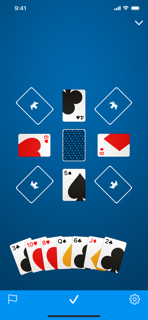 King's Corner - Gameplay of King's Corner showing card stacks on a blue digital table with a player hand at the bottom