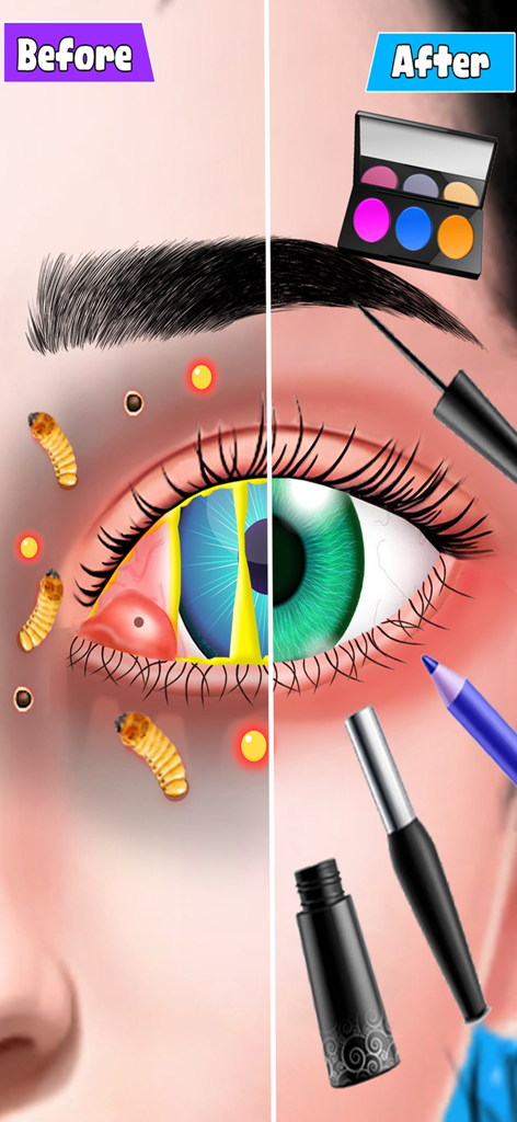 Before and after comparison of an eye medical treatment and beauty makeover transformation