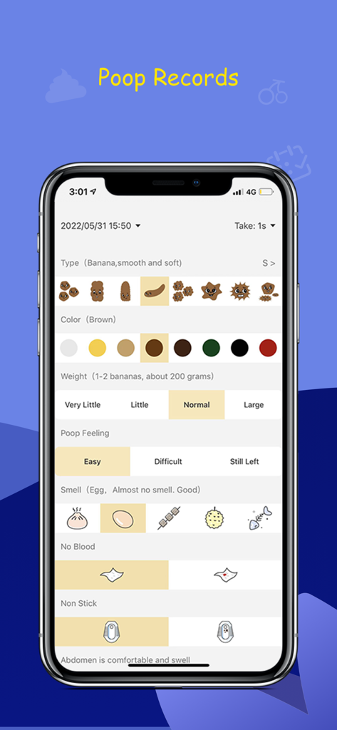 Écran de l'application GoPoop pour enregistrer les détails des selles, y compris le type de selles, la couleur, le poids et les sensations