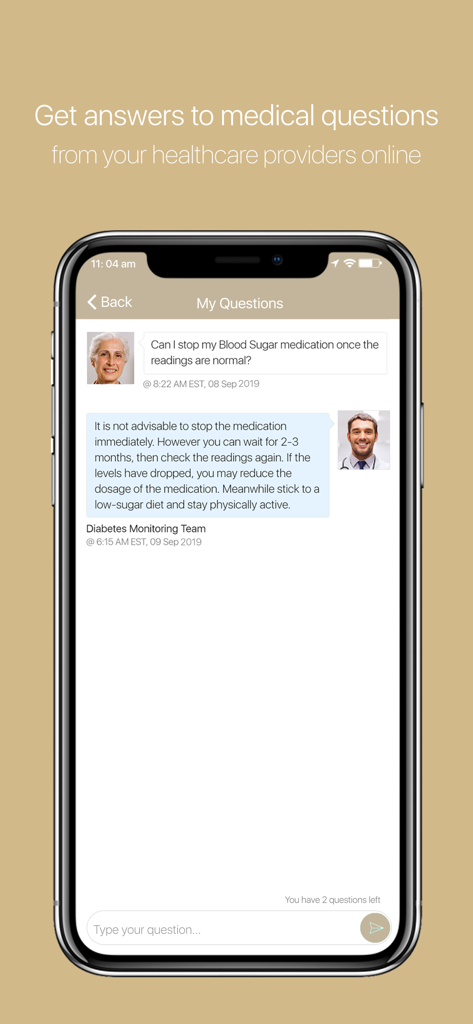 Eine Chat-Oberfläche in der Harley Street Clinic App, die zeigt, wie ein Patient eine medizinische Frage stellt und eine Antwort von einem Gesundheitsdienstleister erhält