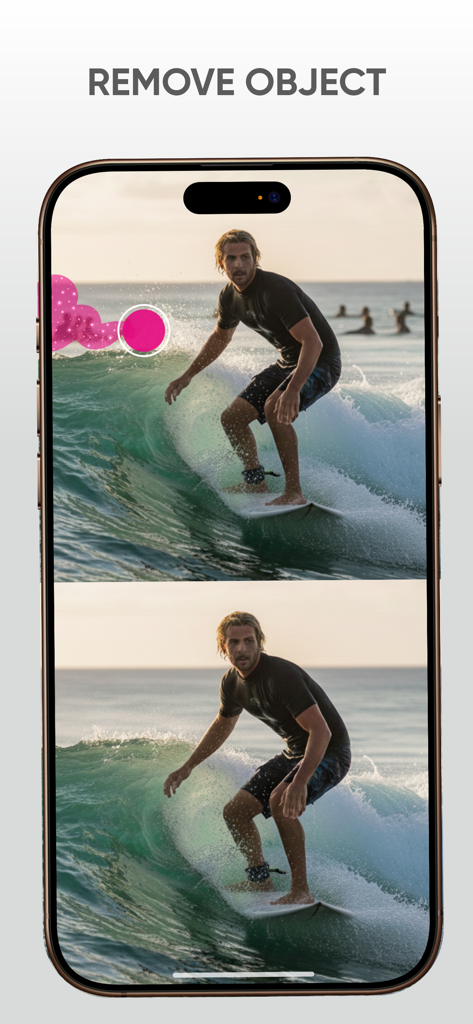 AI Photo Editor: Change Style - 波に乗るサーファーの写真を背景から消去するAIオブジェクト削除機能を示す、前後比較。