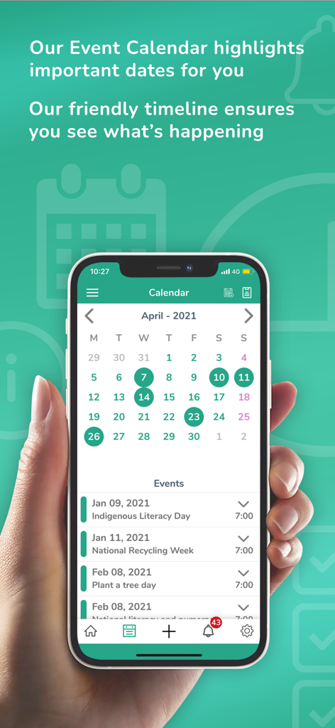 A hand holding a smartphone showing the OWNA childcare app event calendar with scheduled activities and a monthly view