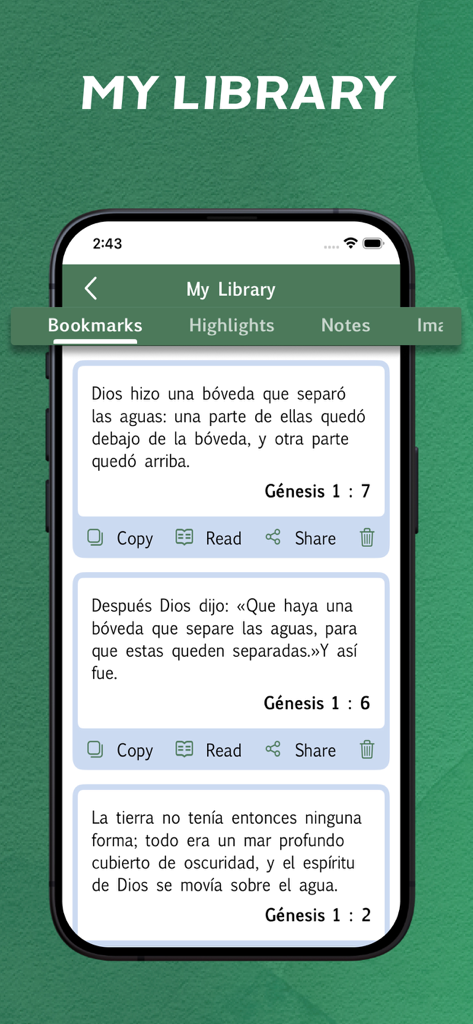 Dios Habla Hoy - offline - Pantalla Mi Biblioteca de la aplicación Dios Habla Hoy con versículos bíblicos en español marcados.