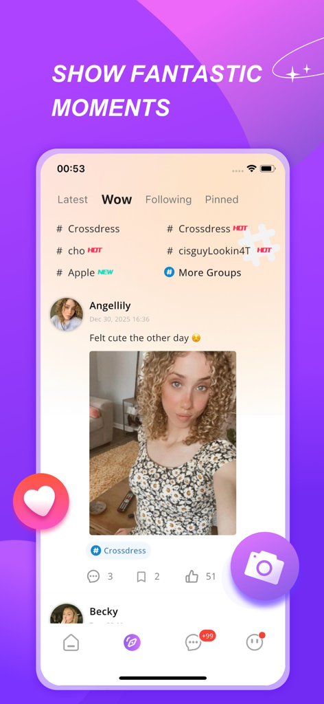 TransMe: Transgender Dating - Una captura de pantalla de la app TransMe mostrando un feed de red social con la foto de un usuario y hashtags de la comunidad como crossdress y cisguy.