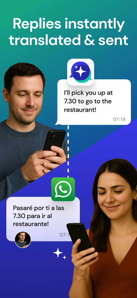 WhatLingo: Chat Translator - A man sending an English message that is instantly translated into Spanish for a woman on WhatsApp using WhatLingo