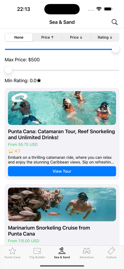 Schermata dell'app mobile Punta Cana Travel and Tickets che mostra tour marittimi ed escursioni disponibili