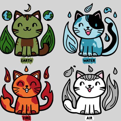 4 cats that represent the elements, earth, water, fire and air