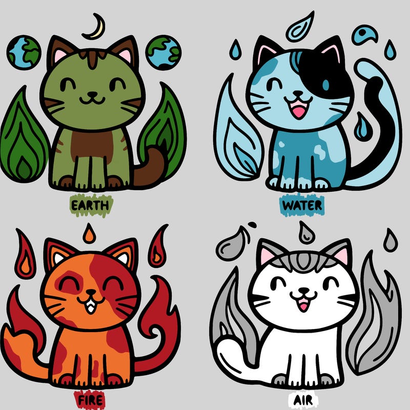 4 cats that represent the elements, earth, water, fire and air