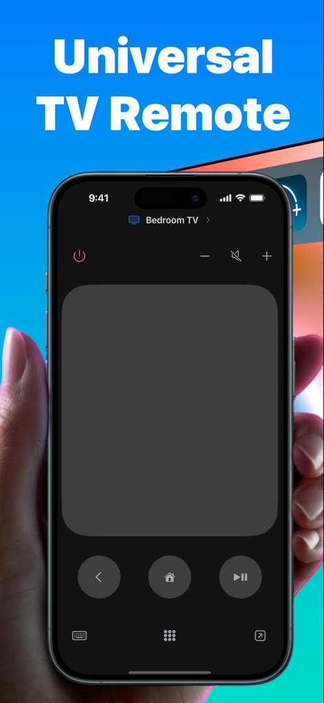 Universal TV Remote · Mando - Interfaz de la aplicación Mando, control remoto universal para TV, en la pantalla de un iPhone mostrando controles táctiles y de navegación.