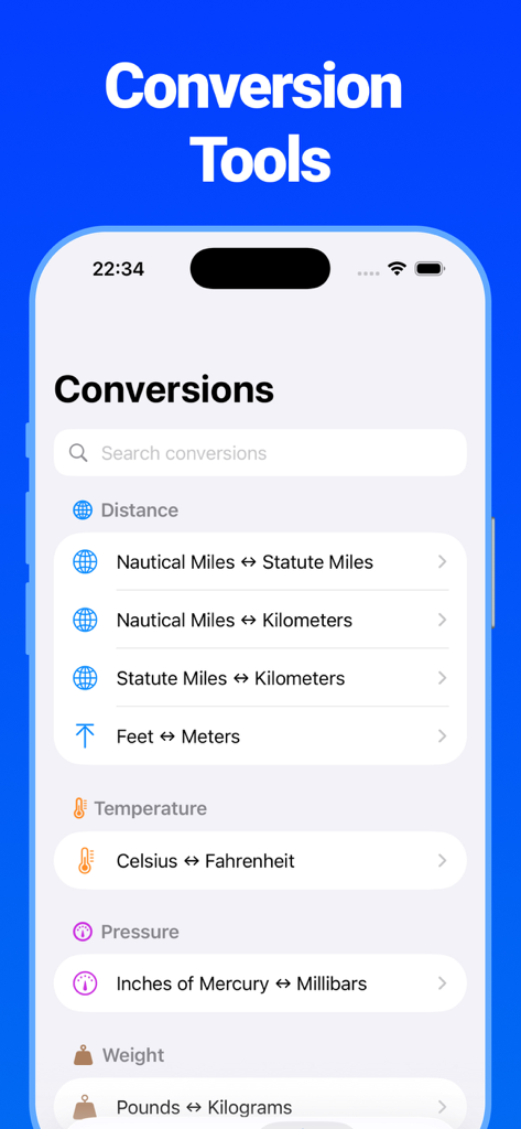 E6B - Flight Computer - Aviation conversion tools menu in the E6B Flight Computer app