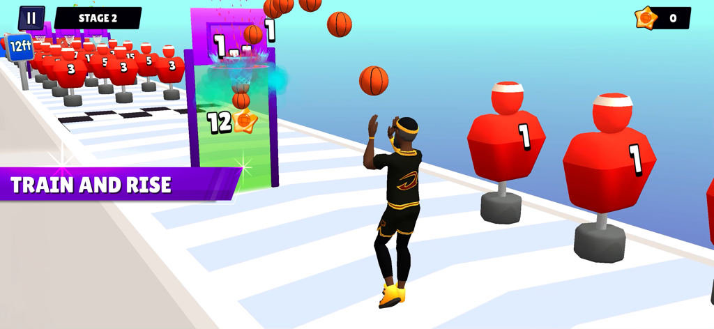 Basketball Superstars - A player practicing shooting drills in a basketball training level with the caption Train and Rise.